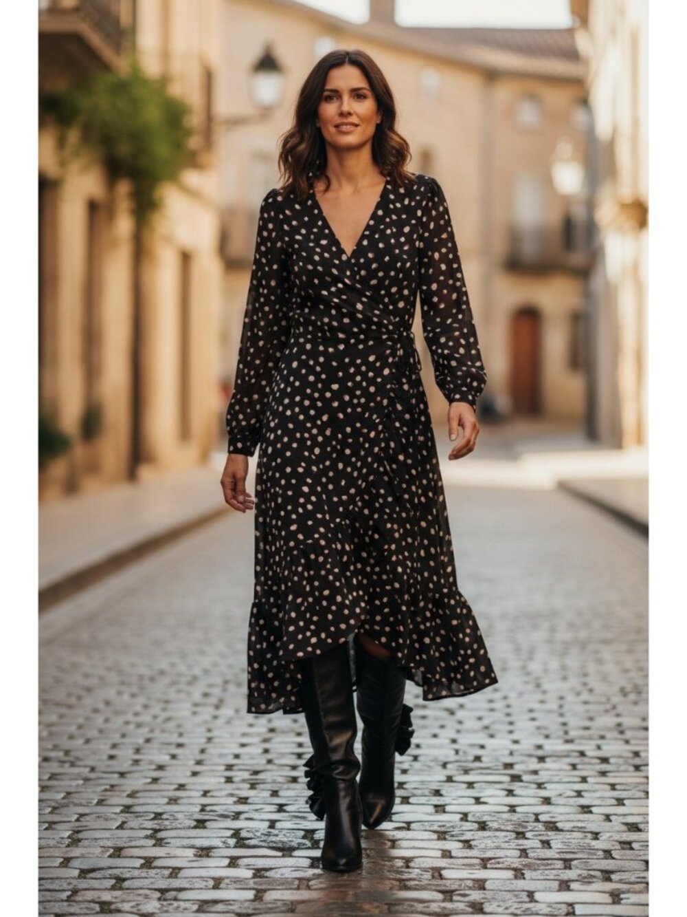 FRNCH Polka Dots Ruffles Midi Long Dress XS Black Long Sleeves V-Neck Feminine
